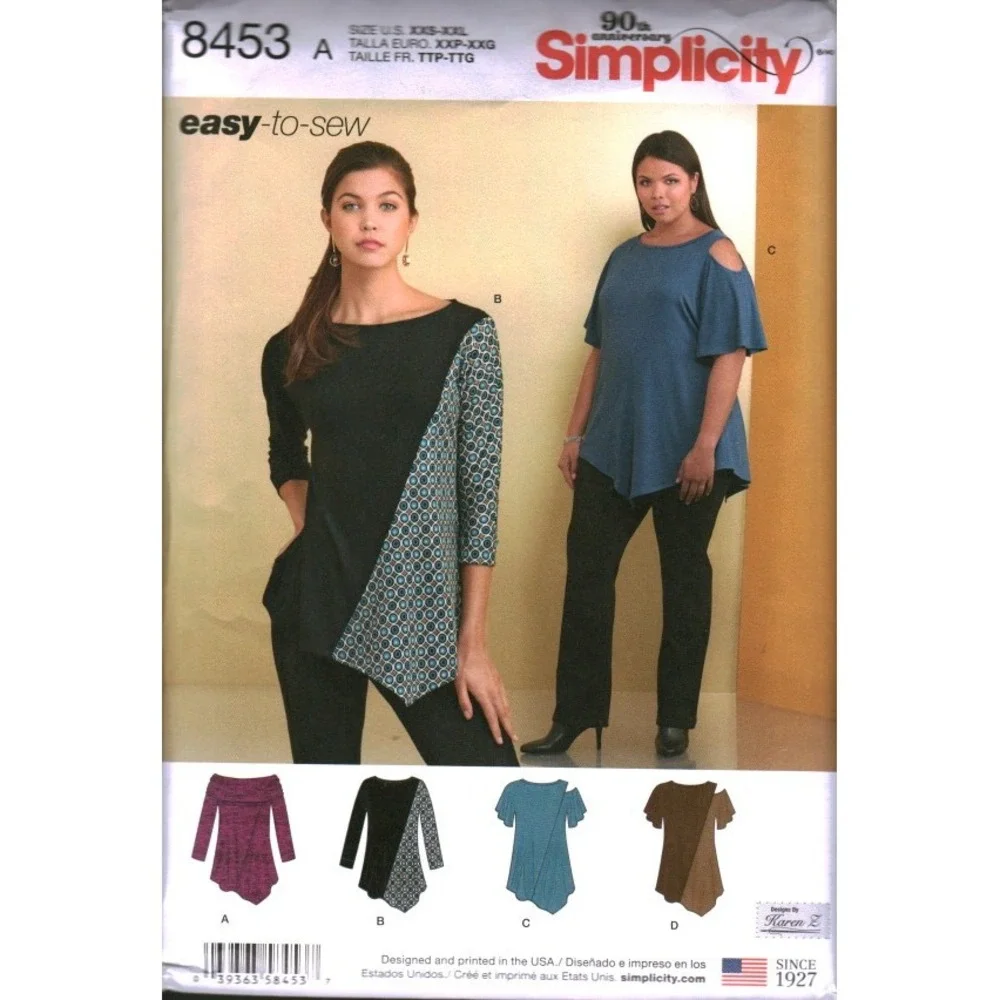 Simplicity 8453 Misses Knit Tops Sewing Pattern XXS-XXL Asymmetric Hem Karen Z